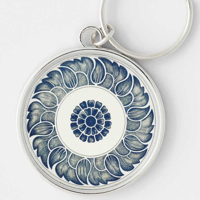 Porte-clés Blanc bleu Floral chinois rond (Devant)