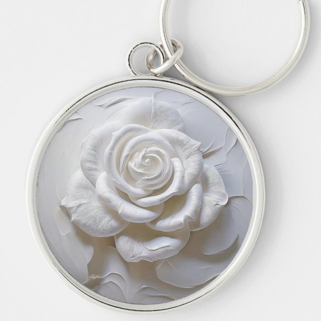 Porte-clés Blanc sur blanc - Rose sculpté (Devant)