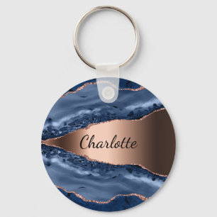 Porte-clés Bleu agate marbre rose or nom script