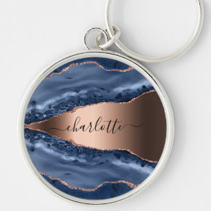 Porte-clés Bleu agate marbre rose or nom script