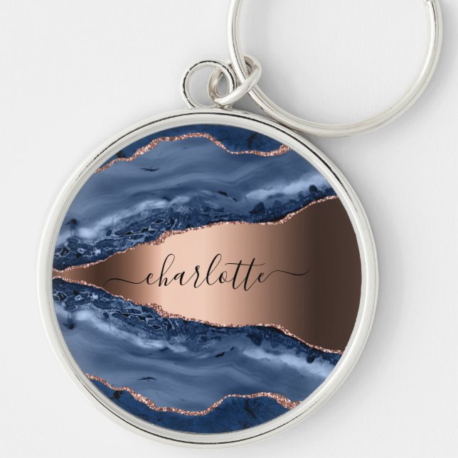 Porte-clés Bleu agate marbre rose or nom script (Devant)