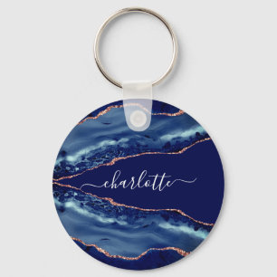 Porte-clés Bleu agate marbre rose or nom script