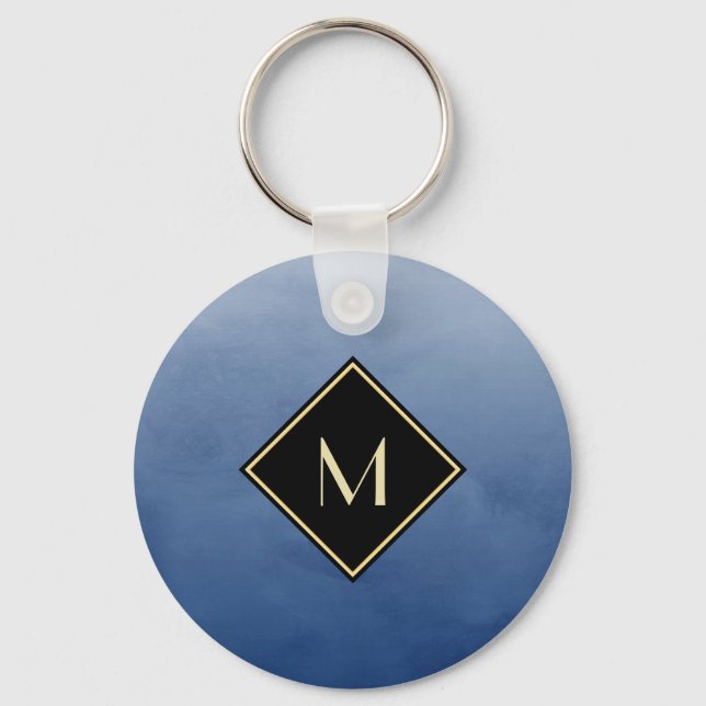 Porte-clés Bleu Brossé Élégant Avec Monogramme Or Simple (Recto)