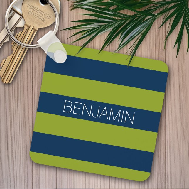 Porte-clés Bleu de marine et Graines de rugby vert Nom person (Personalized keychain - Blue and Green Stripes)