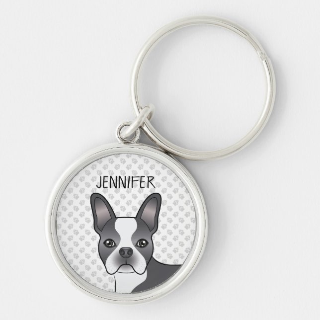 Porte-clés Bleu Et Blanc Boston Terrier Dessin Chien Et Nom (Devant)