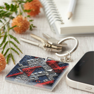 Porte-clés Bleu foncé Rouge vif Argent Micro Mosaïque 3D