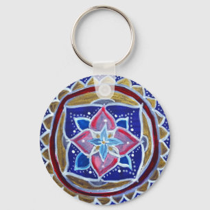 Porte-clés Bleu Gold Mandala 5,7 cm Bouton de base Cercle clé