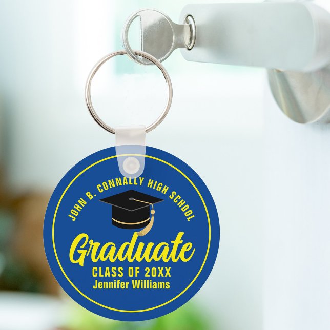 Porte-clés Bleu Jaune Diplômé Garder un Diplôme Personnalisé (Créateur téléchargé)