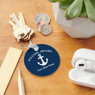 Porte-clés Bleu marine Bienvenue à bord Nom du bateau Ancre n