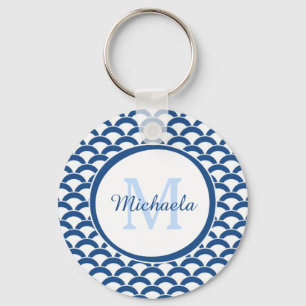 Porte-clés Bleu moderne et le blanc crante le monogramme et