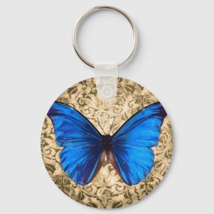 Porte-clés Bleu monarque papillon damassé art Vintage