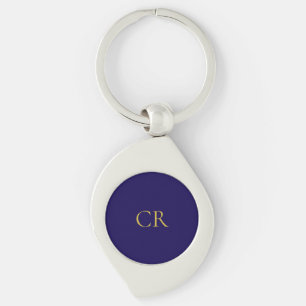 Porte-clés Bleu & Or Couleur Monogramme Moderne Minimaliste