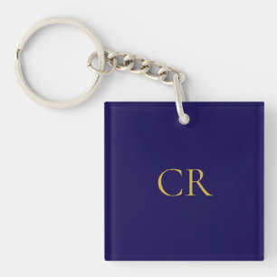 Porte-clés Bleu & Or Couleur Monogramme Moderne Minimaliste