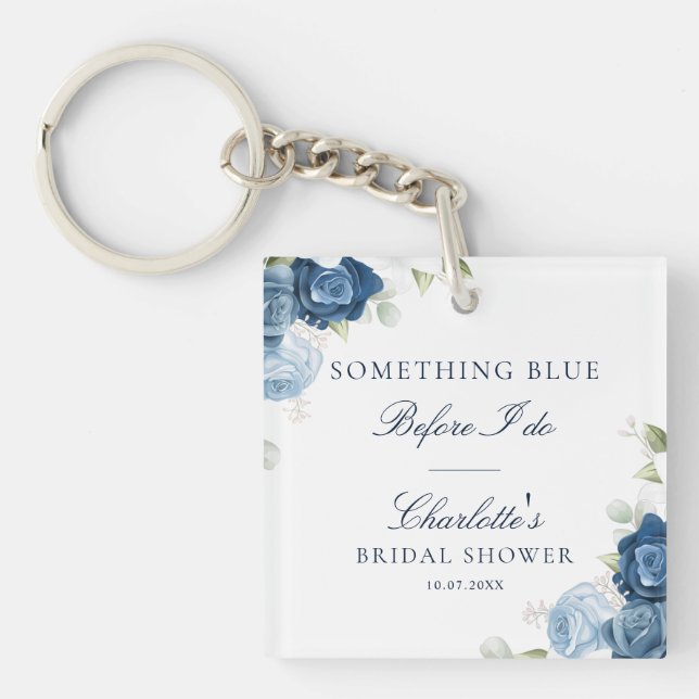 Porte-clés Bleu Poussiéreux Floral Script Aquarelle Objet de  (Devant)