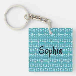 Porte-clés Bleu scandinave avec fleurs blanches Editable