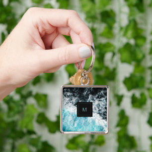 Porte-clés Blue Black Ocean Waves Hawaii Monogramme