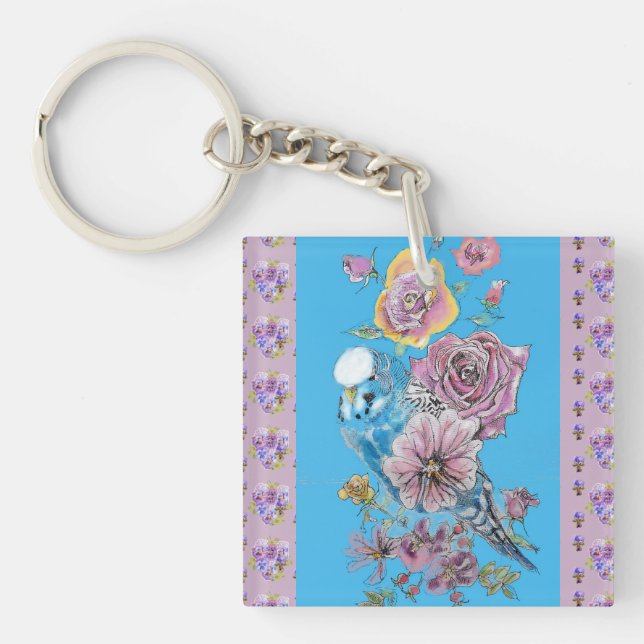Porte-clés Blue Budgie Watercolor florale Dames Key Ring (Devant)