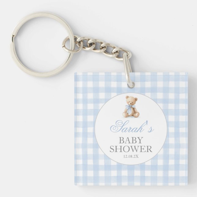 Porte-clés Blue Gingham Bear Baby Shower (Devant)