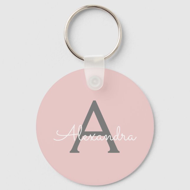 Porte-clés Blush Pink Grey Modern Script Girly Monogram (Recto)