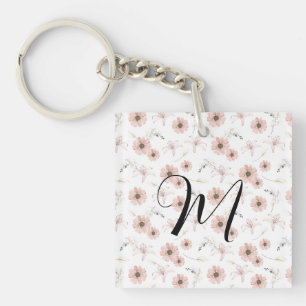 Porte-clés Blush Rose Fleurs Art Monogramme Aquarelle