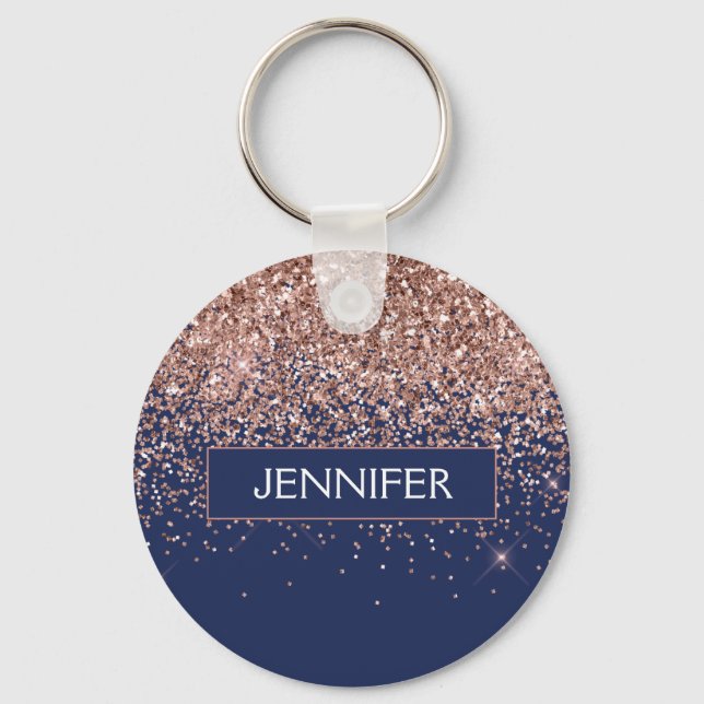 Porte-clés Blush Rose Gold Monogramme Paillettes Navy Blue (Recto)