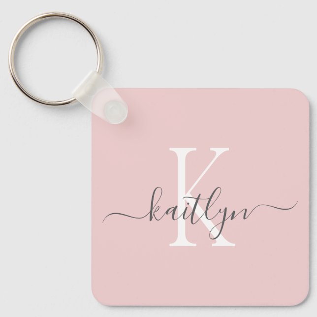 Porte-clés Blush Rose Gris Nom Initial Monogramme (Recto)