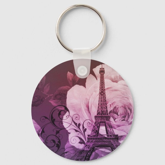 Porte-clés Boho chic violet fleuri Girly Paris Tour Eiffel (Recto)
