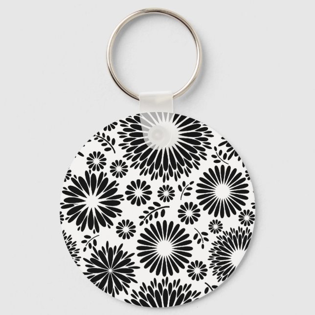 Porte-clés Boho fleurs Motif floral vectoriel noir et blanc (Recto)