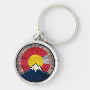 Porte-clés Bois rustique Colorado drapeau montagnes métal por