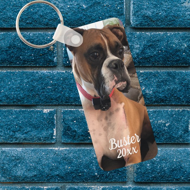 Porte-clés Boîte Boxer Photo   Typographie Blanche Personnali (Add your dogs photo and Name to this elegant keychain)