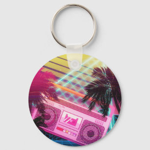 Porte-clés Boombox rose Funky des années 80 avec palmiers
