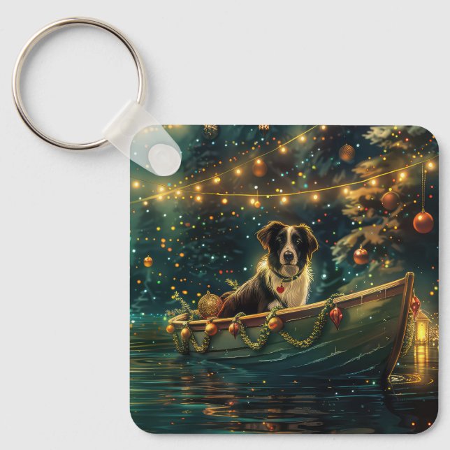 Porte-clés Bordure Collie Noël Festive Voyage (Recto)