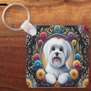 Porte-clés Bordure colorée et fleurie de chien maltais élégan
