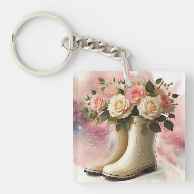 Porte-clés Bottes à ciel ouvert et Rose (Devant)