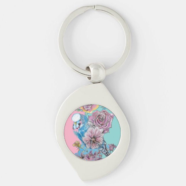 Porte-clés Boucle à clé fleurie Rose Budgie Budgies bleu (Devant)