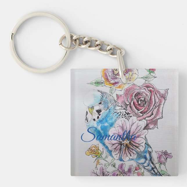 Porte-clés Boucle à clé fleurie Rose Budgie Budgies bleu (Devant)