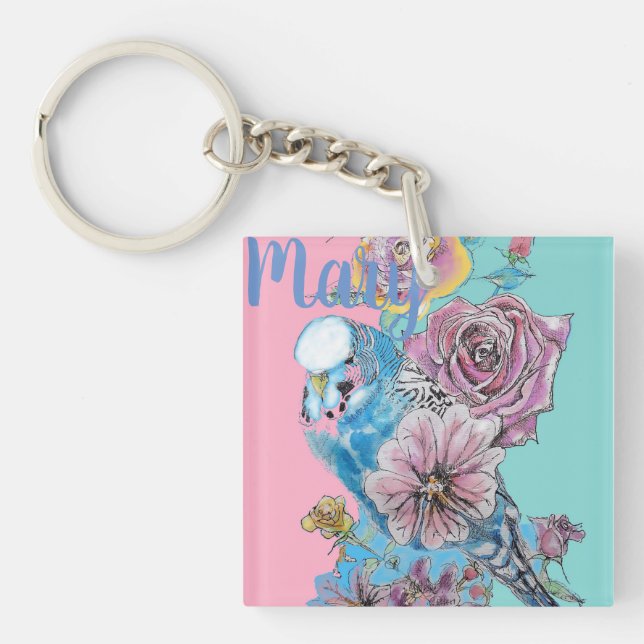 Porte-clés Boucle à clé fleurie Rose Budgie Budgies bleu (Devant)