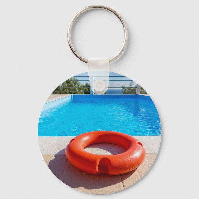 Porte-clés Bouée de vie orange à la piscine bleue (Recto)