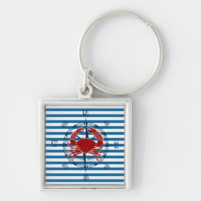 Porte-clés Boussole et crabe rouge Bleu et blanc (Devant)