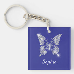 Porte-clés Bouton Diamant Blanc, Nom du script, Bleu Profond