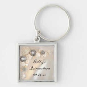 Porte-clés Boutons de perles blanches et de diamants Quinceañ