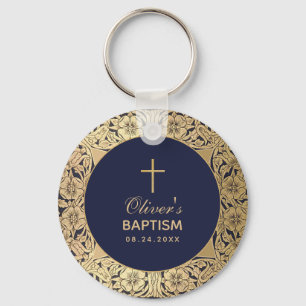 Porte-clés Boy Baptism Elegant Navy Blue Vintage Gold Roses 
