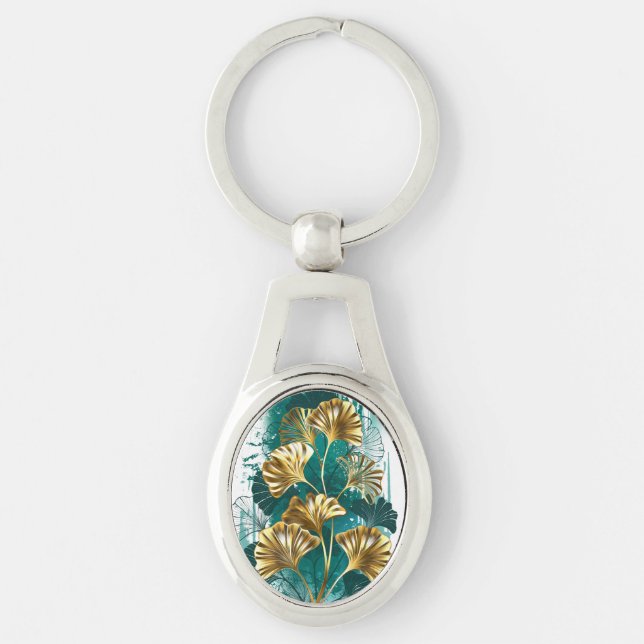 Porte-clés Branche avec Feuilles d'or Ginko Biloba (Devant)