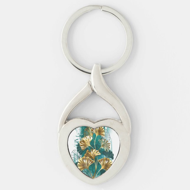 Porte-clés Branche avec Feuilles d'or Ginko Biloba (Devant)