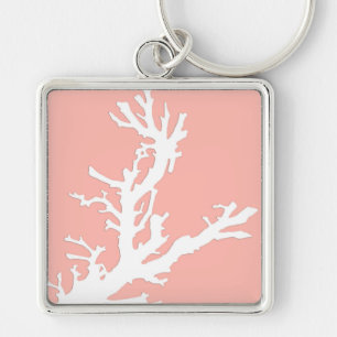 Porte-clés Branche de corail - blanc sur corail rose