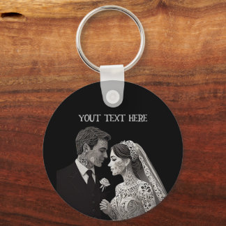 Porte-clés Bride & Groom Delicate blanc sur noir