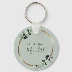 Porte-clés Bridesmaid Gift Eucalyptus Gold Monogram Sage