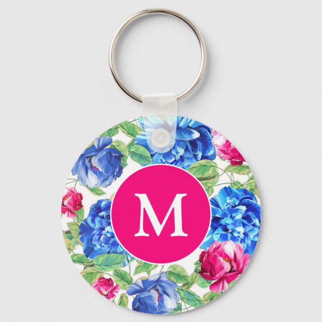 Porte-clés Bright rose and Blue Floral Joli Monogramme (Recto)