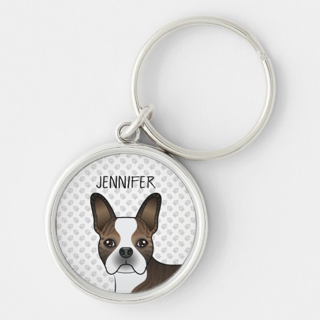 Porte-clés Brindle Boston Terrier Dog Head & Custom Name (Devant)