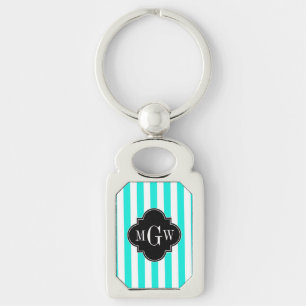 Porte-clés Brt Aqua Wht Stripe Noir Quatrefoil 3 Monogramme